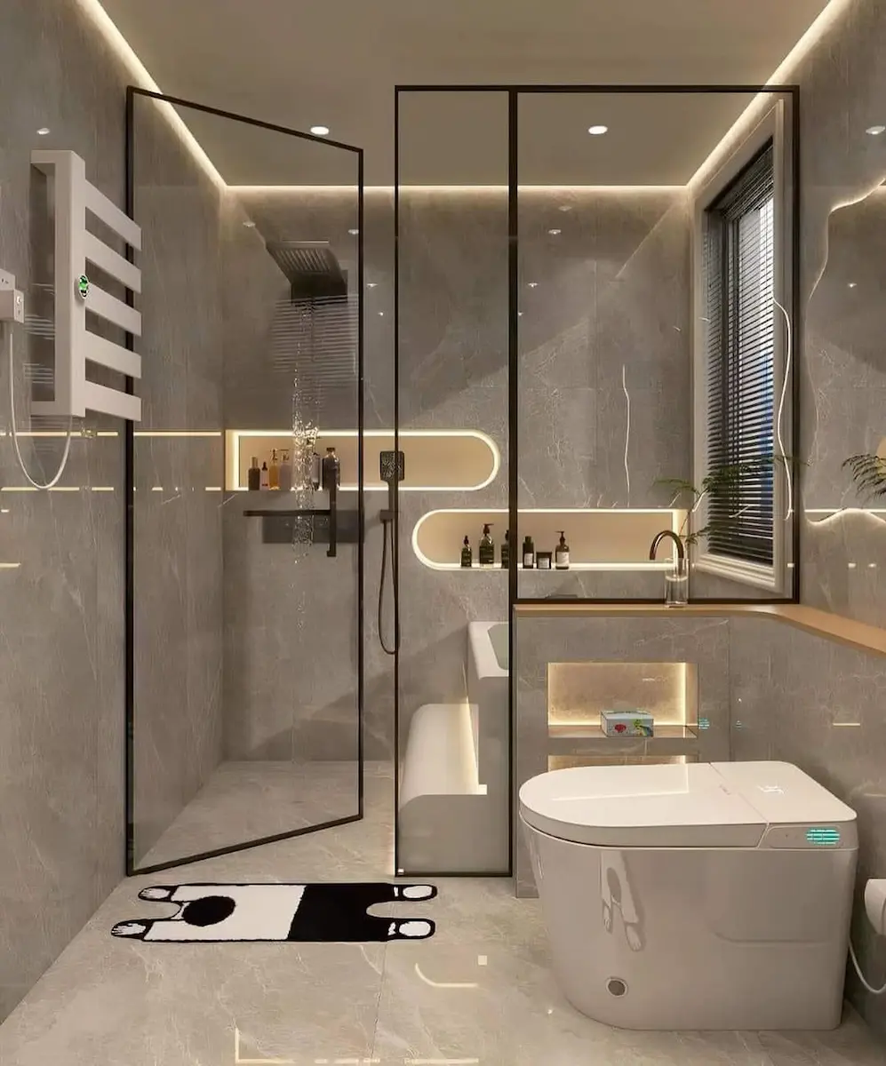 Black-framed wet room with rainfall shower, soaking tub, backlit capsule stone niches, cove lighting, and integrated smart fixtures in Nyack, Rockland County — JMR Construction